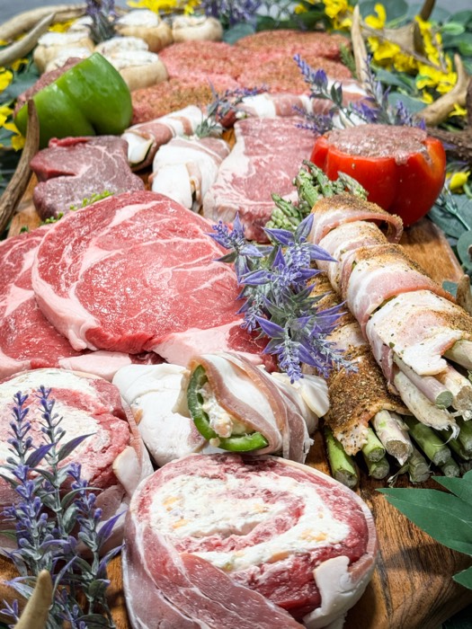 An angled spread of products from The Meat Hook